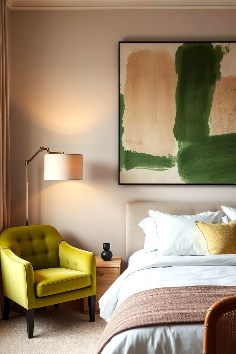 Green and Beige Artwork as Focal Points - 24 Green and Beige Bedroom Ideas