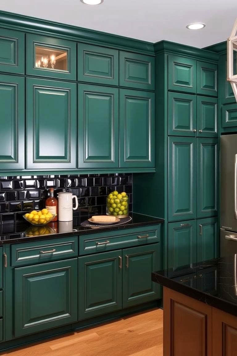 Green and Black in Larger Kitchen Layouts - 24 Green Kitchen Cabinets With Black Countertops