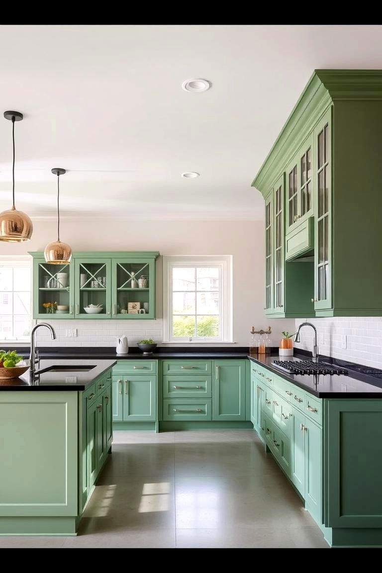 Green and Black in Open Concept Kitchens - 24 Green Kitchen Cabinets With Black Countertops