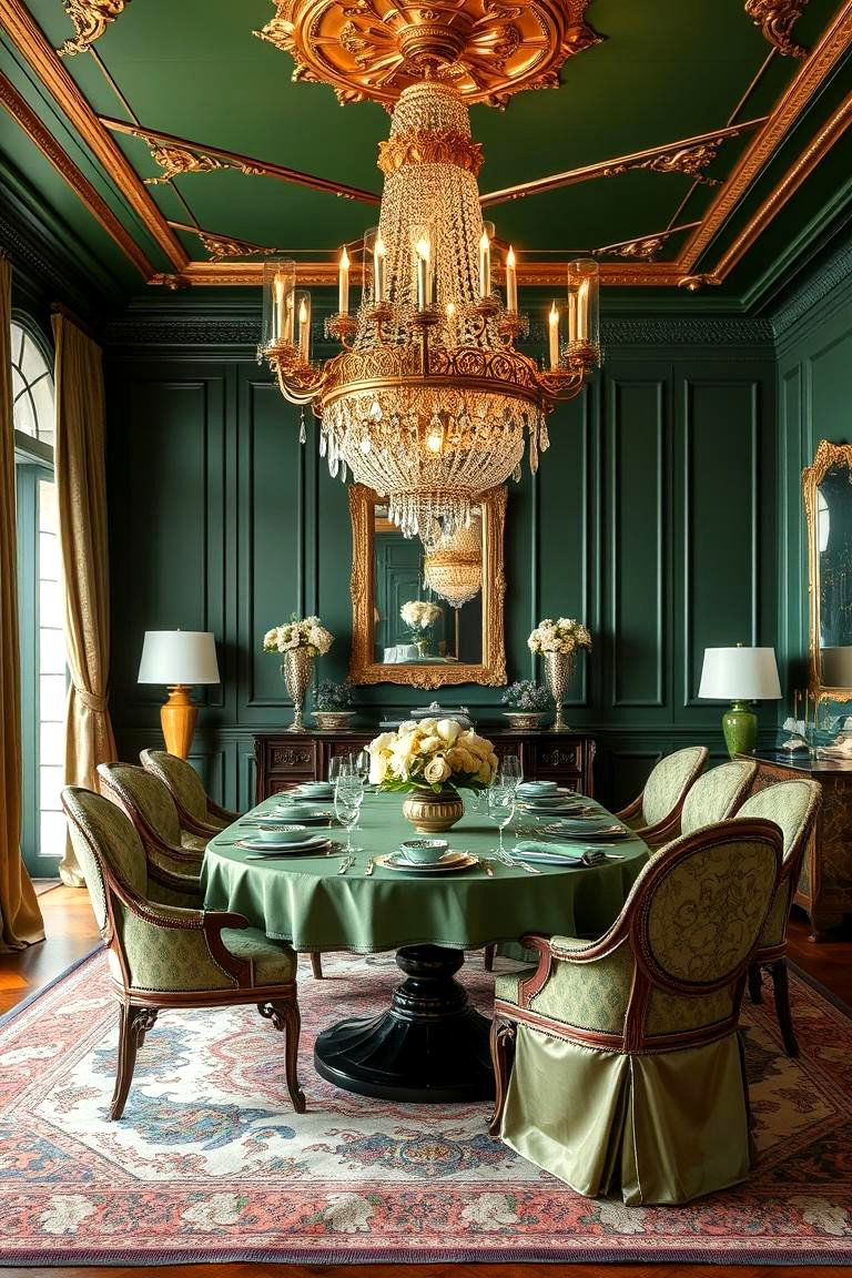 Green and Gold Accents for Luxurious Charm - 24 Green Dining Room Ideas