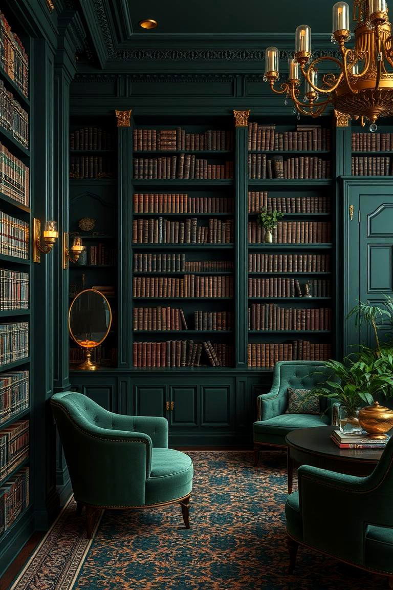 Green and Gold Accents - 24 Dark Green Home Library Ideas and Inspiration
