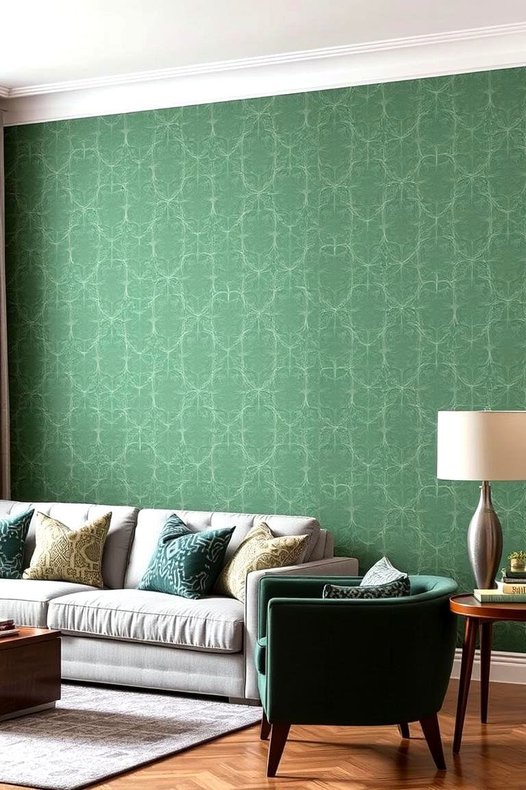 Green and Grey Patterned Wallpaper with Solid Furniture - 24 Green and Grey Living Room Ideas