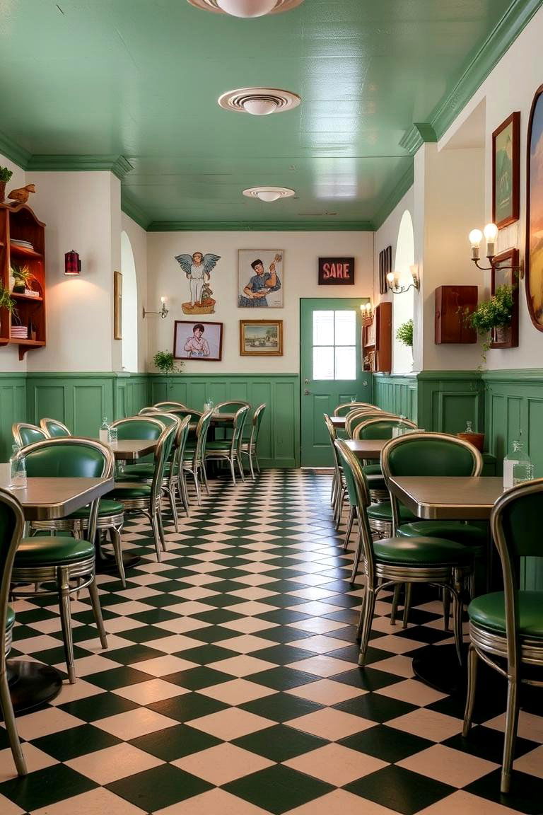 Green and White Checkerboard Floor for a Retro Twist - 24 Green Dining Room Ideas
