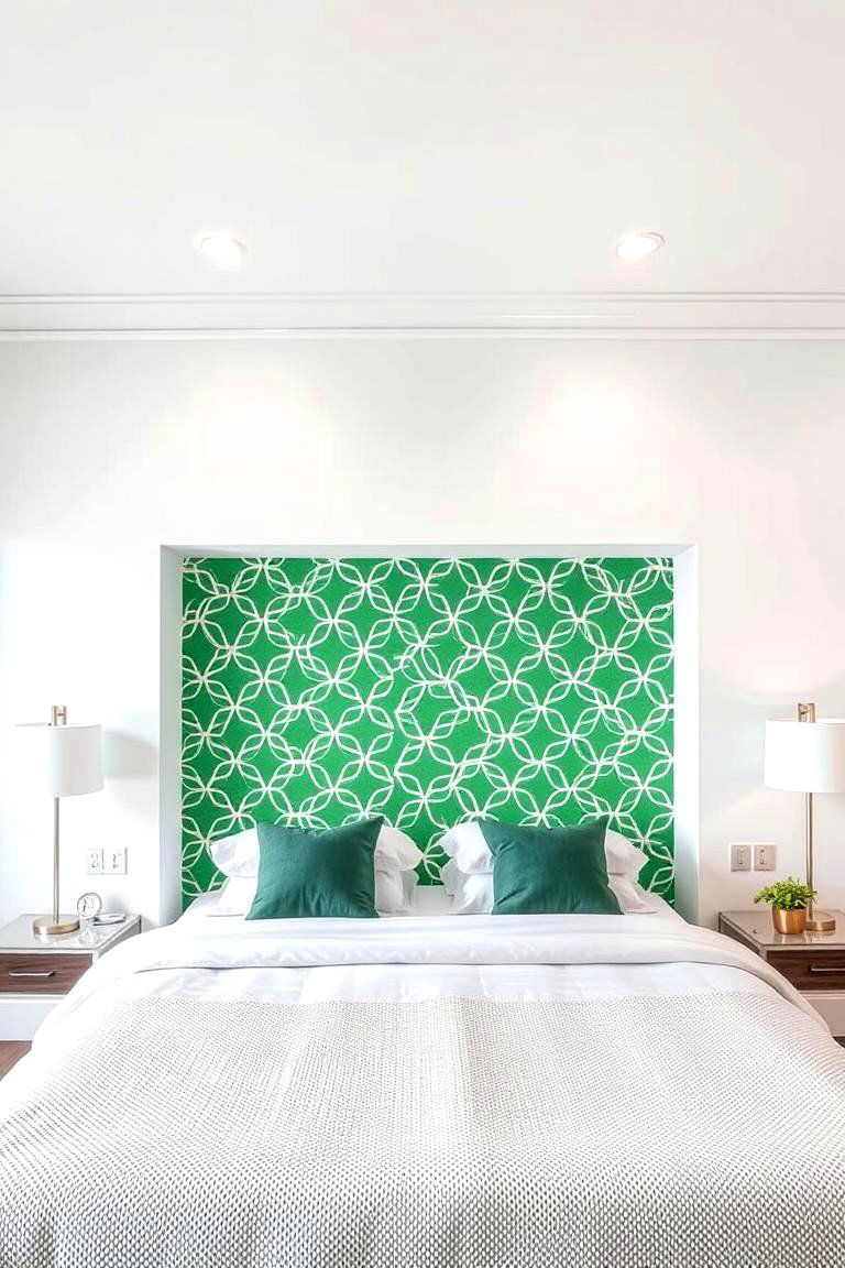 Green and White Patterned Wallpaper on an Accent Wall - 24 Green and White Bedroom Ideas