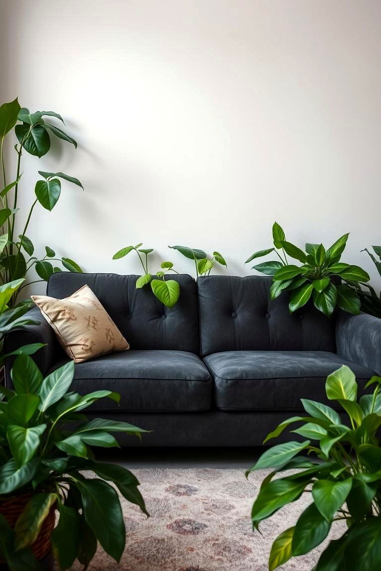 Greenery to Freshen the Space - 24 dark grey couch living room ideas