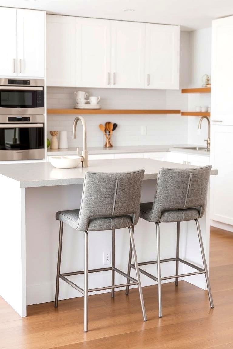Grey Bar Stools at a White Island Invitation - 24 Grey and White Kitchen Designs
