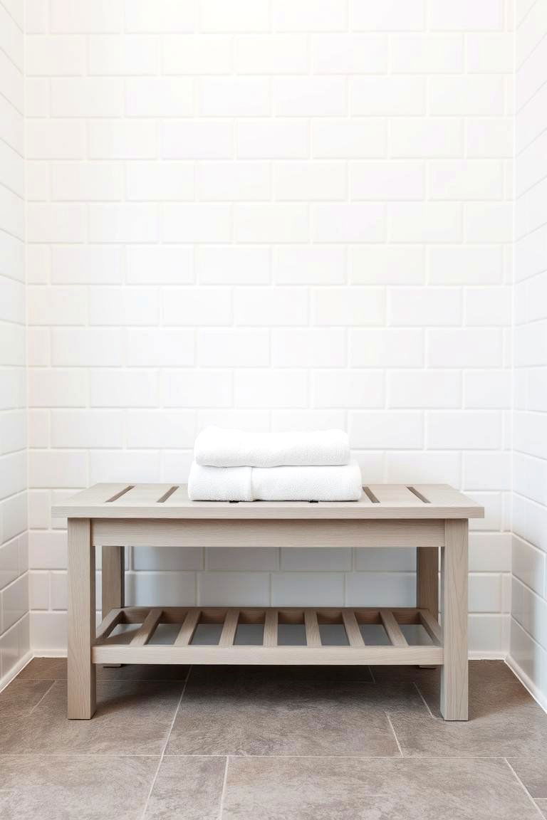 Grey Bench or Stool in an Otherwise White Space - 24 Grey and White Bathroom Ideas