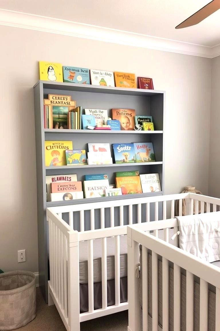 Grey Bookshelf with Colorful Books - 24 Grey Nursery Ideas