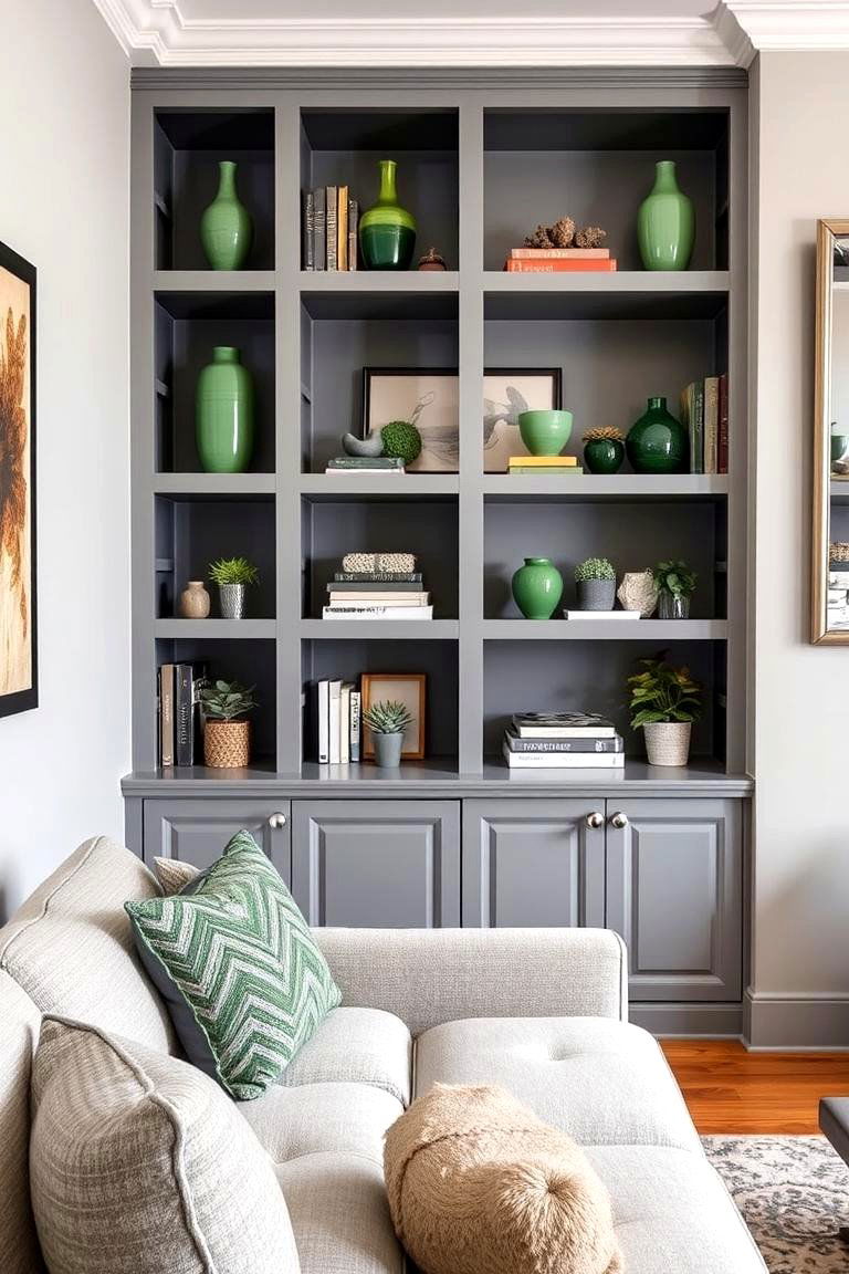Grey Built in Shelving with Green Decorative Items - 24 Green and Grey Living Room Ideas