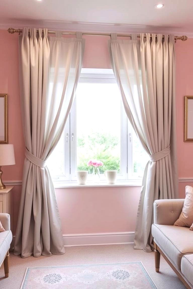 Grey Curtains with Pink Tiebacks - 24 Pink and Grey Living Room Ideas