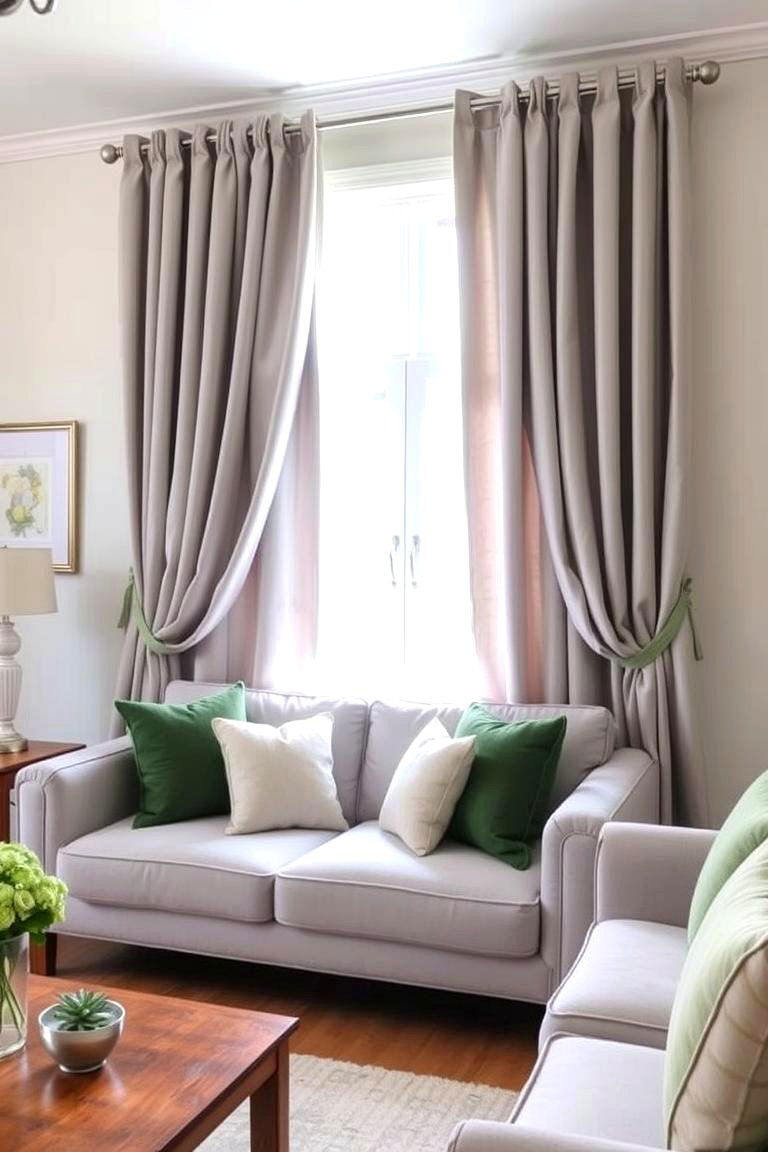 Grey Drapes with Green Tiebacks or Trim - 24 Green and Grey Living Room Ideas