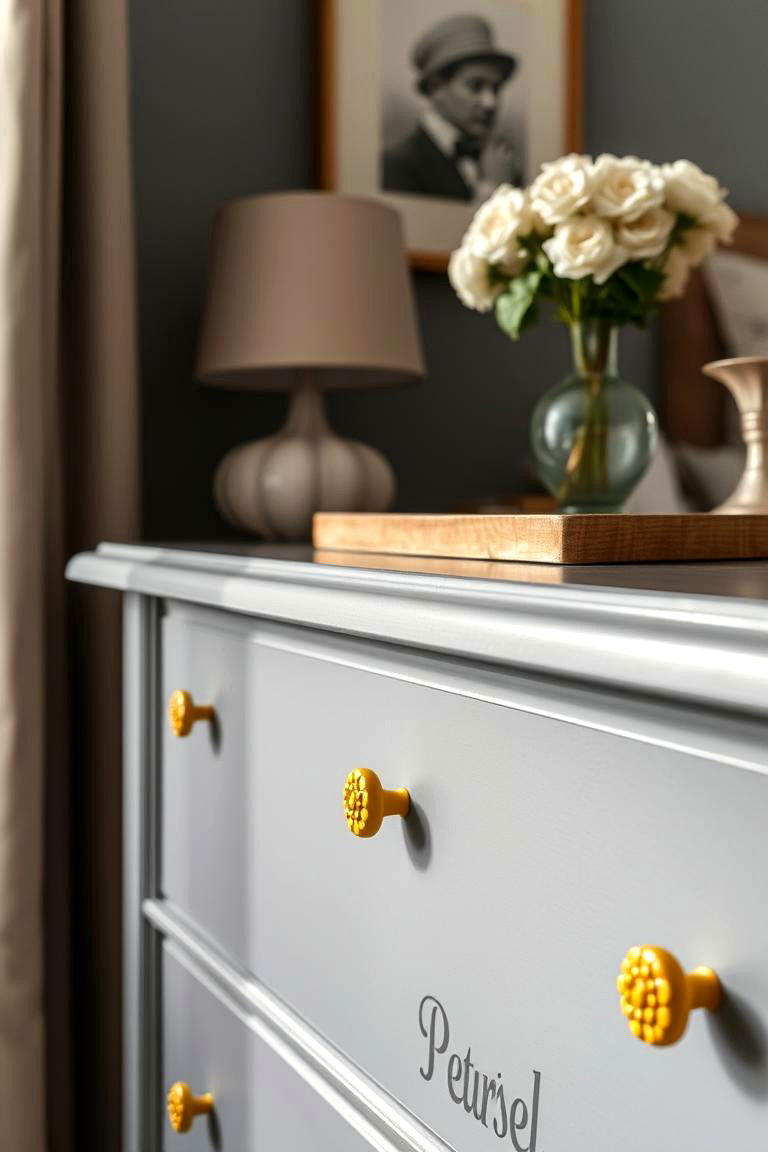 Grey Dresser with Yellow Decorative Knobs - 24 Yellow and Grey Bedroom Ideas