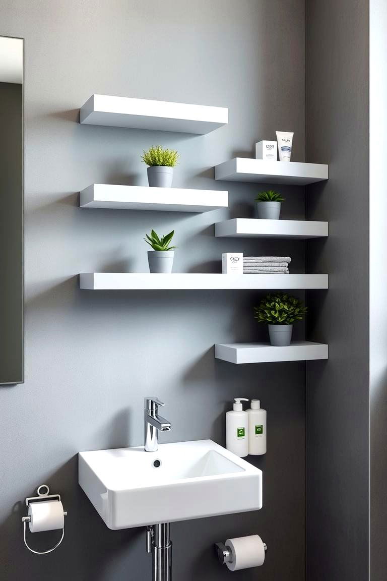 Grey Floating Shelves for Display - 24 Grey Bathroom Ideas