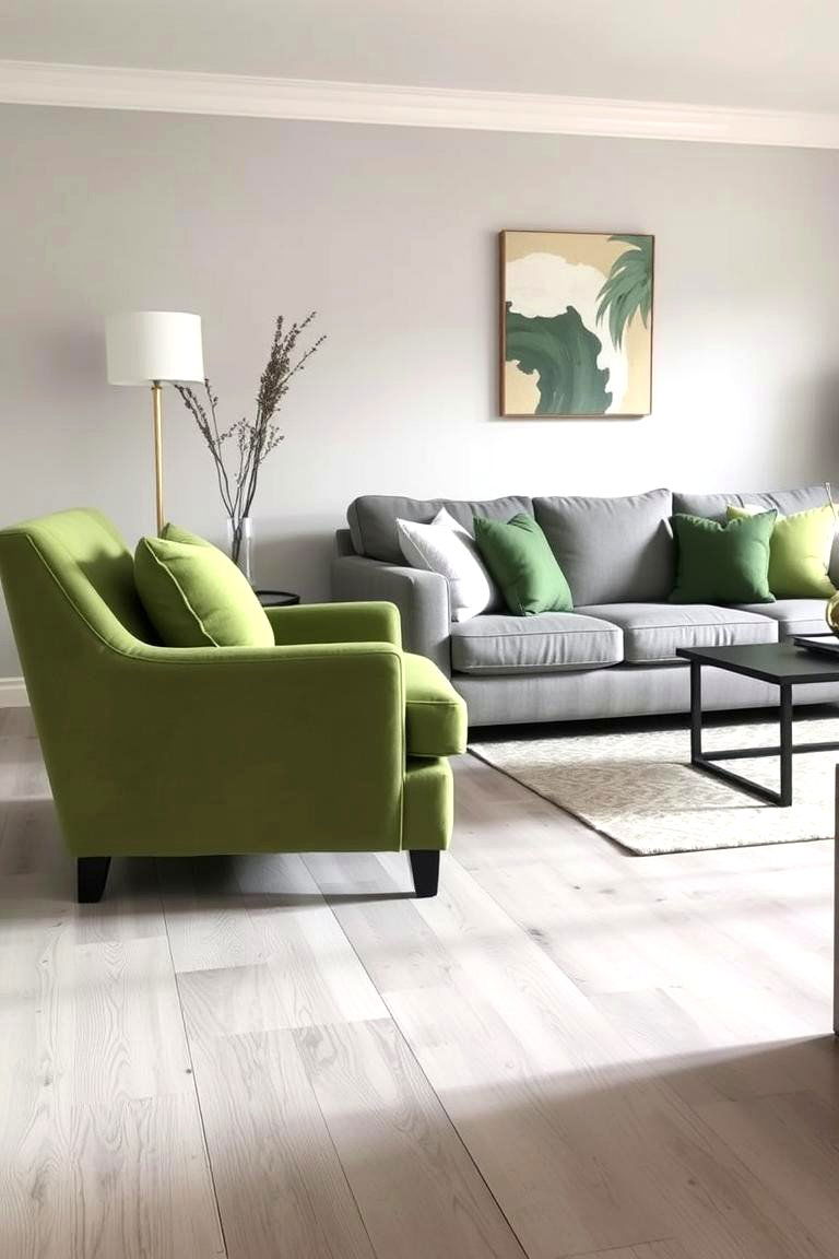 Grey Flooring with Green Accents and Furniture - 24 Green and Grey Living Room Ideas