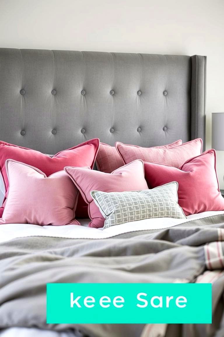 Grey Headboard with Pink Throw Pillows - 24 Pink and Grey Bedroom Ideas