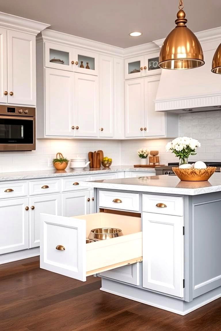 Grey Island with Integrated Pet Feeding Station - 24 White Kitchen Cabinets With Grey Island Ideas