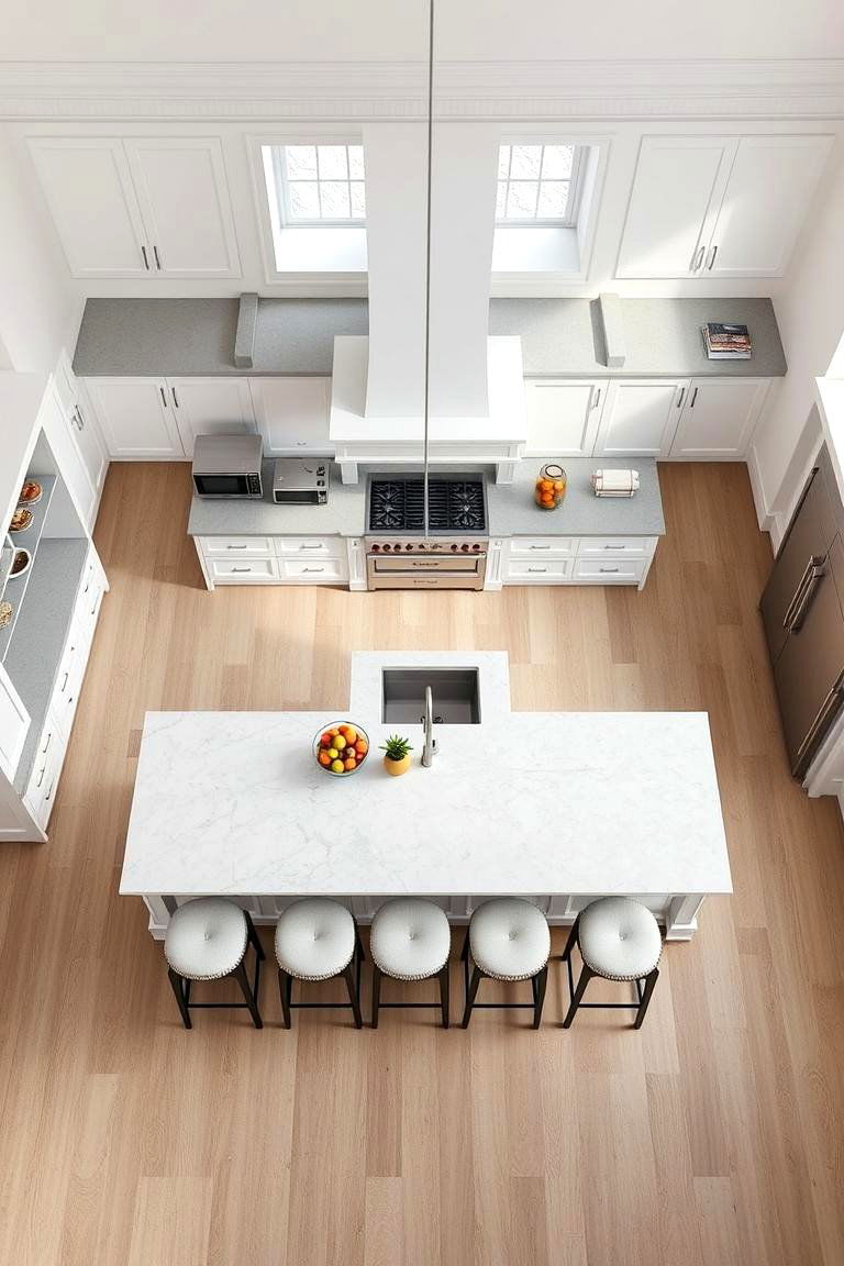 Grey Island with Seating on Multiple Sides - 24 White Kitchen Cabinets With Grey Island Ideas