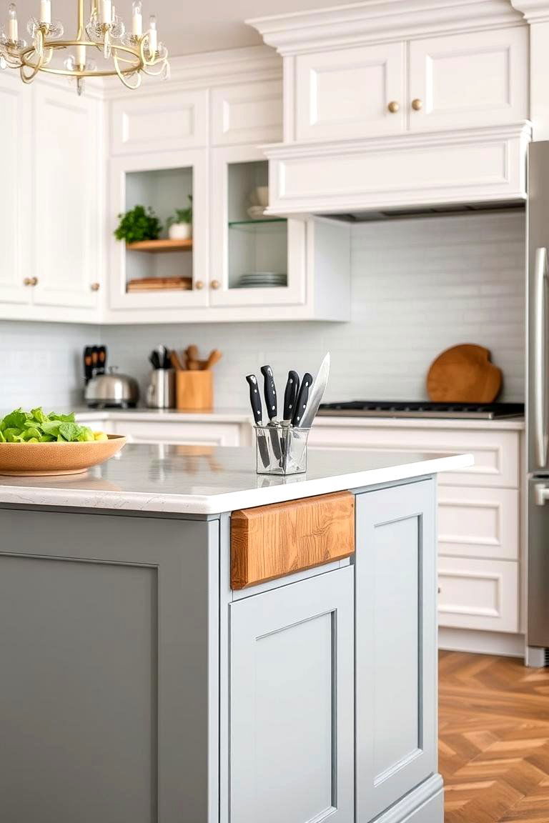 Grey Island with a Built in Knife Block - 24 White Kitchen Cabinets With Grey Island Ideas