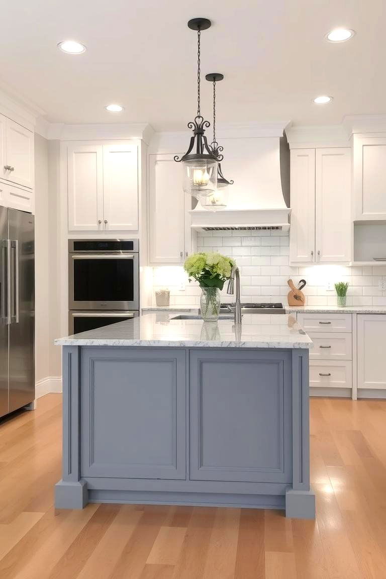 Grey Island with a Decorative Back Panel - 24 White Kitchen Cabinets With Grey Island Ideas