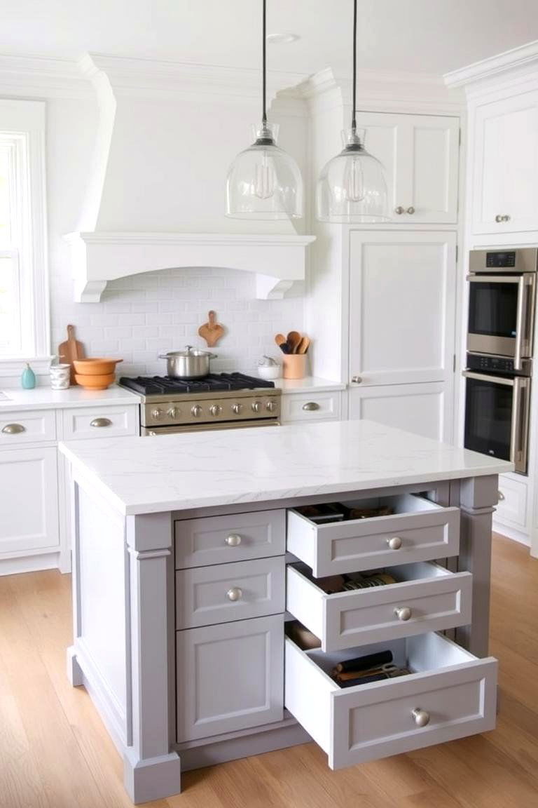 Grey Island with a Designated Baking Station - 24 White Kitchen Cabinets With Grey Island Ideas