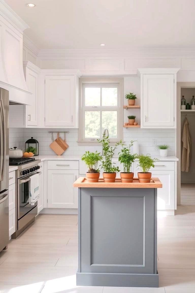 Grey Island with a Herb Garden Shelf - 24 White Kitchen Cabinets With Grey Island Ideas