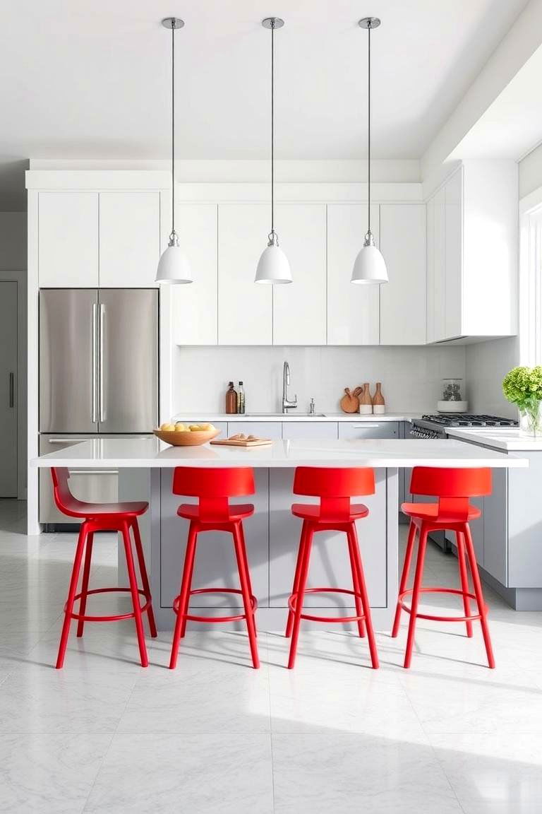 Grey Island with a Pop of Color - 24 White Kitchen Cabinets With Grey Island Ideas