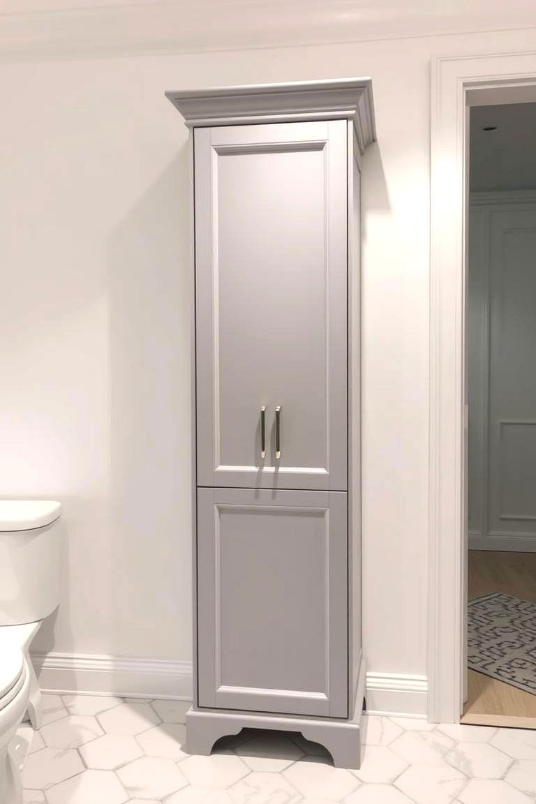 Grey Linen Cabinet Against a White Wall - 24 Grey and White Bathroom Ideas