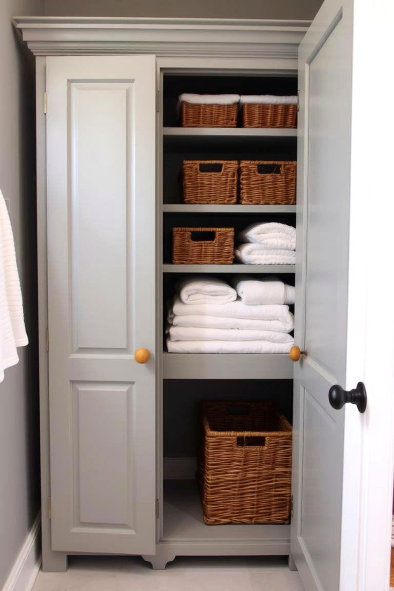 Grey Linen Cabinet with Natural Wood Accents - 24 Grey Bathroom Ideas
