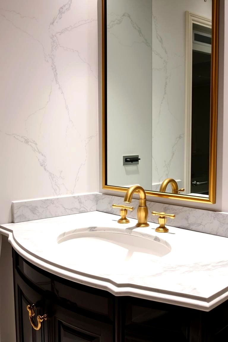 Grey Marble Countertop with Brass Accents - 24 Grey Bathroom Ideas