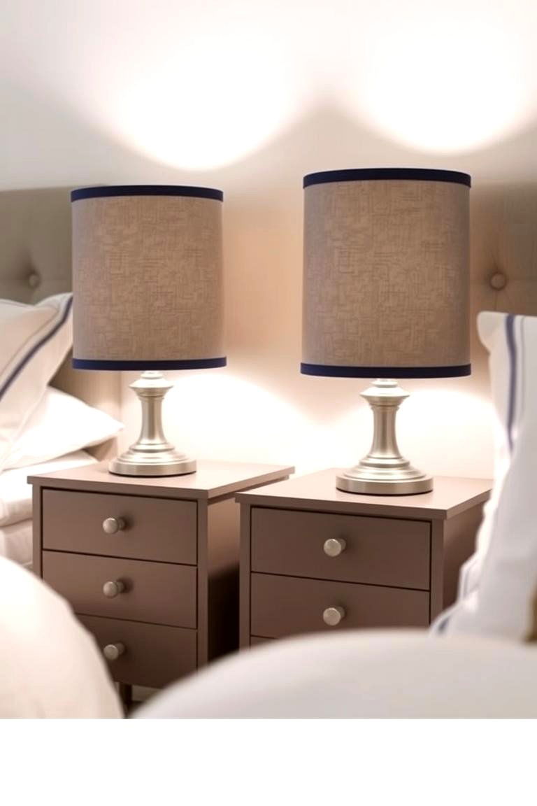 Grey Nightstand Lamps with Navy Blue Trim - 24 Navy Blue and Grey Bedroom Ideas