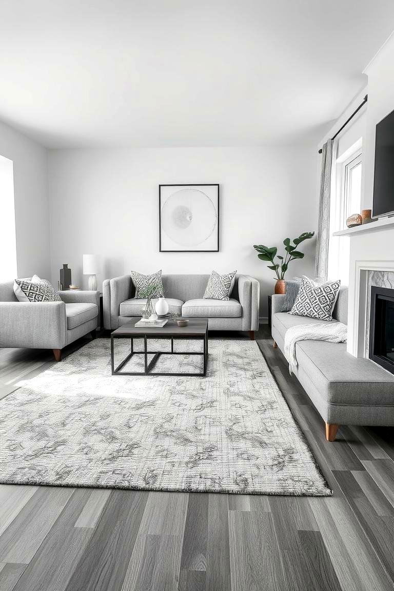 Grey Patterned Rug on Grey Flooring for Subtle Texture - 24 grey flooring living room ideas