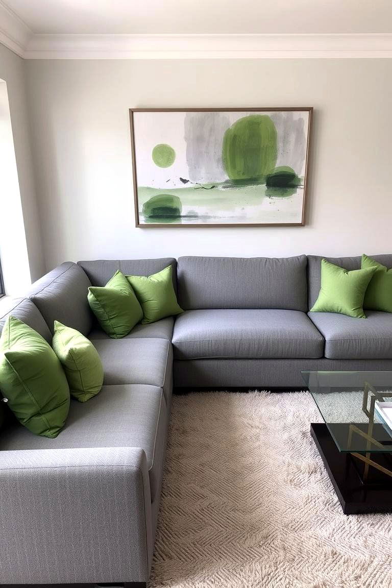 Grey Sectional with Green Throw Pillows and Artwork - 24 Green and Grey Living Room Ideas
