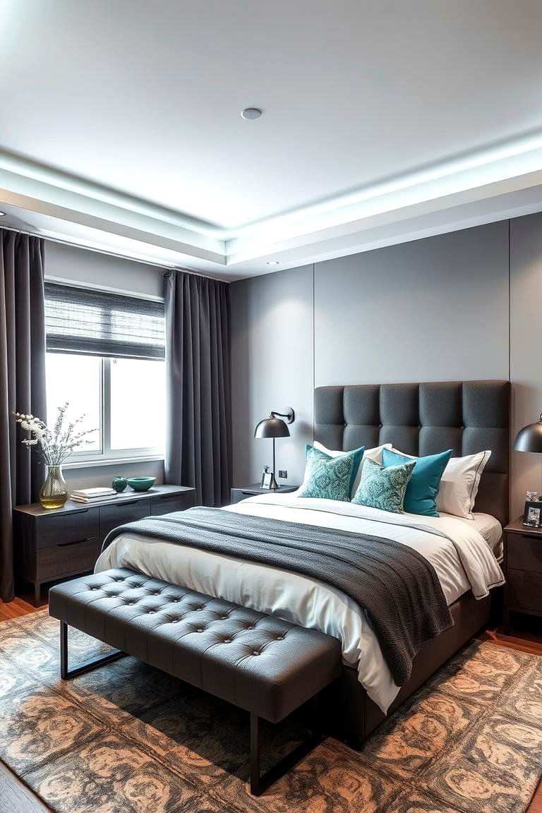 Grey Statement Lighting - 24 Teal and Grey Bedroom Ideas