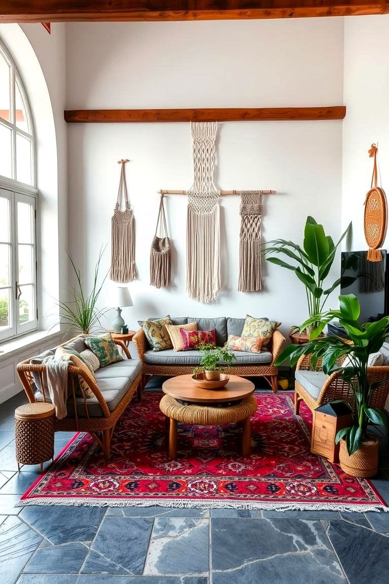 Grey Stone Tiles with Bohemian Touches - 24 grey flooring living room ideas