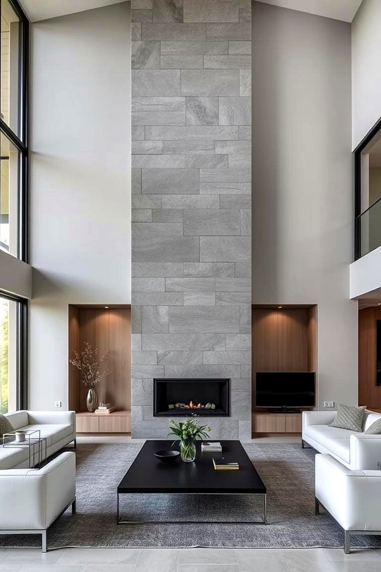 Grey Stone with Minimalist Design - 24 Floor-to-Ceiling Stone Fireplace Ideas