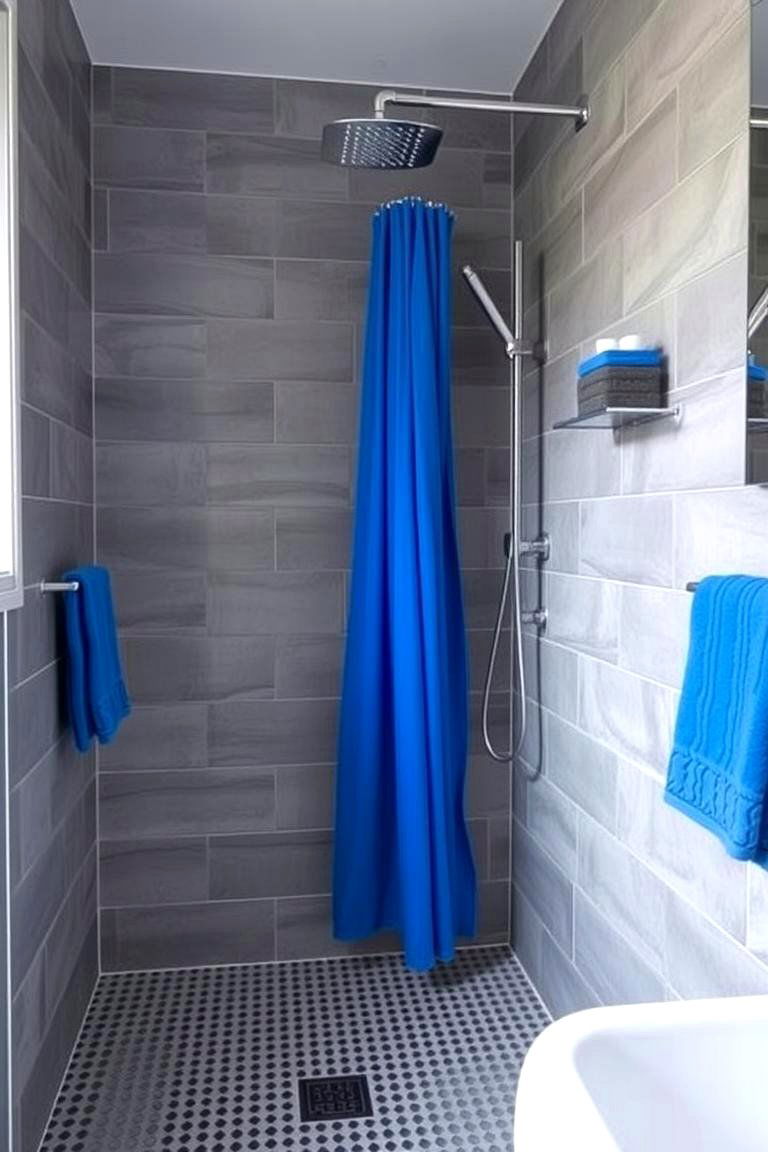 Grey Tiles with Bold Blue Highlights - 24 Grey Tile Bathroom Ideas