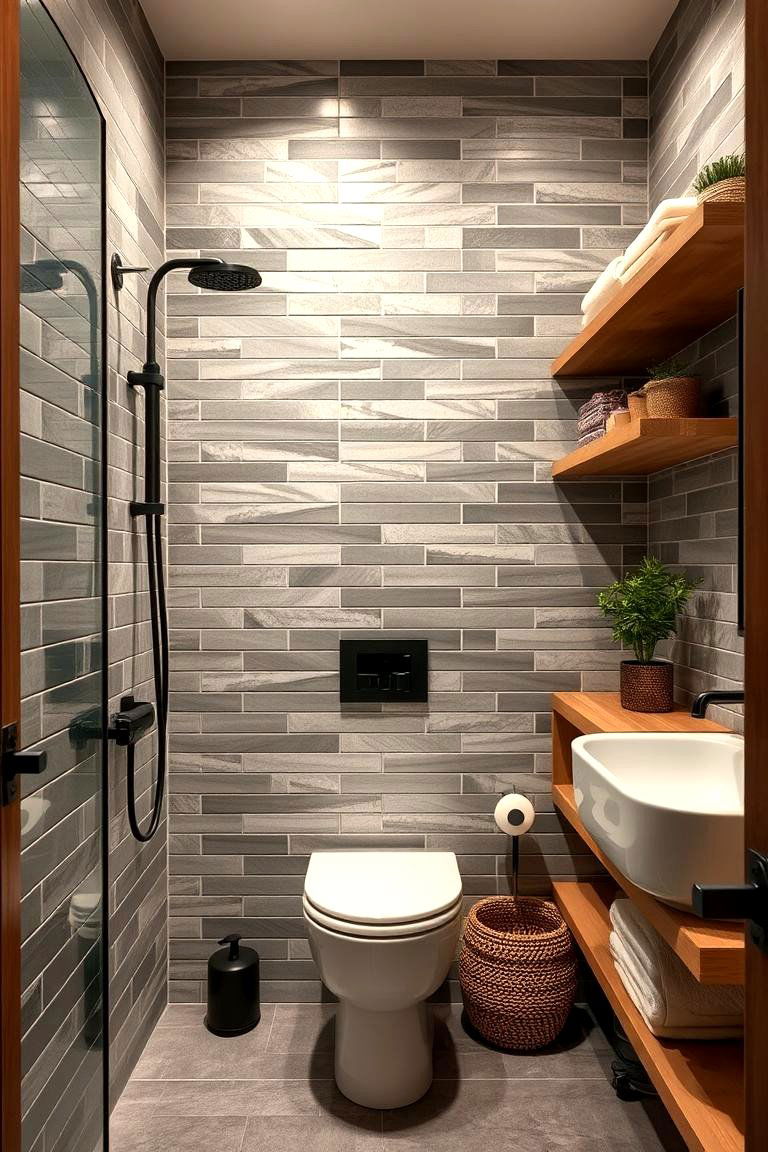 Grey Tiles with Wood Accents for a Warm Natural Feel - 24 Grey Tile Bathroom Ideas