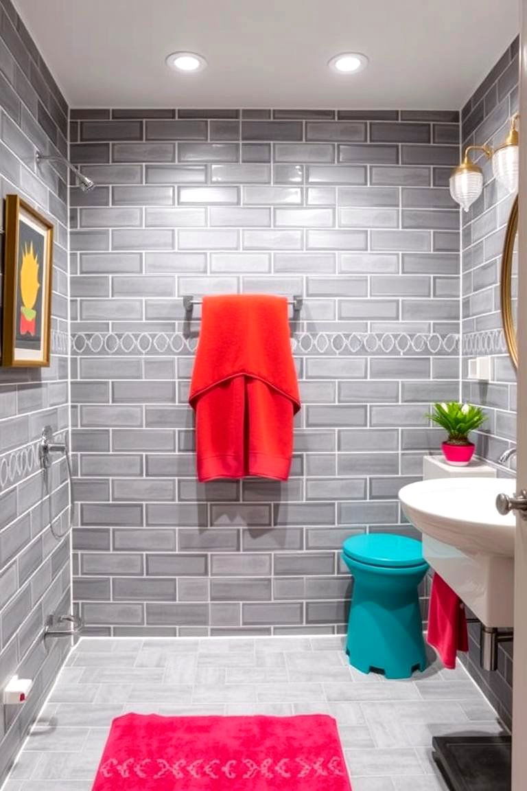 Grey Tiles with a Pop of Color for Playful Contrast - 24 Grey Tile Bathroom Ideas