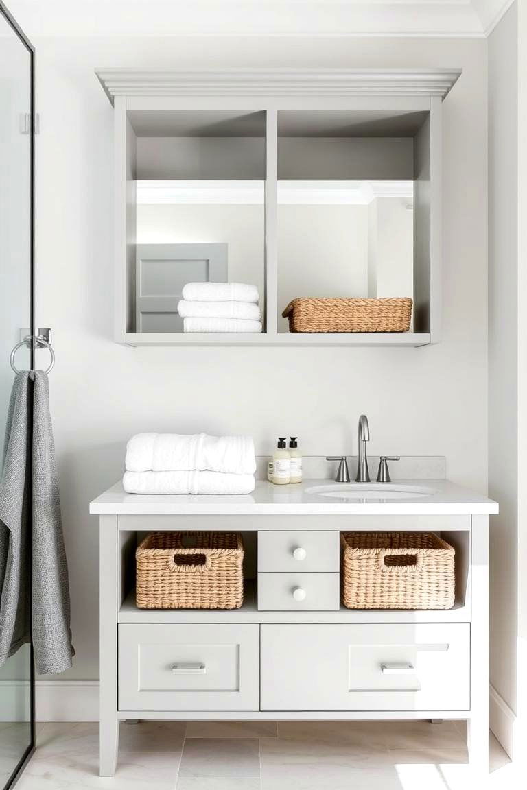 Grey Vanity with Open Shelving - 24 Grey Bathroom Ideas