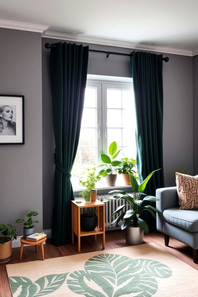 Grey Walls with Forest Green Textiles and Decor - 24 Green and Grey Living Room Ideas