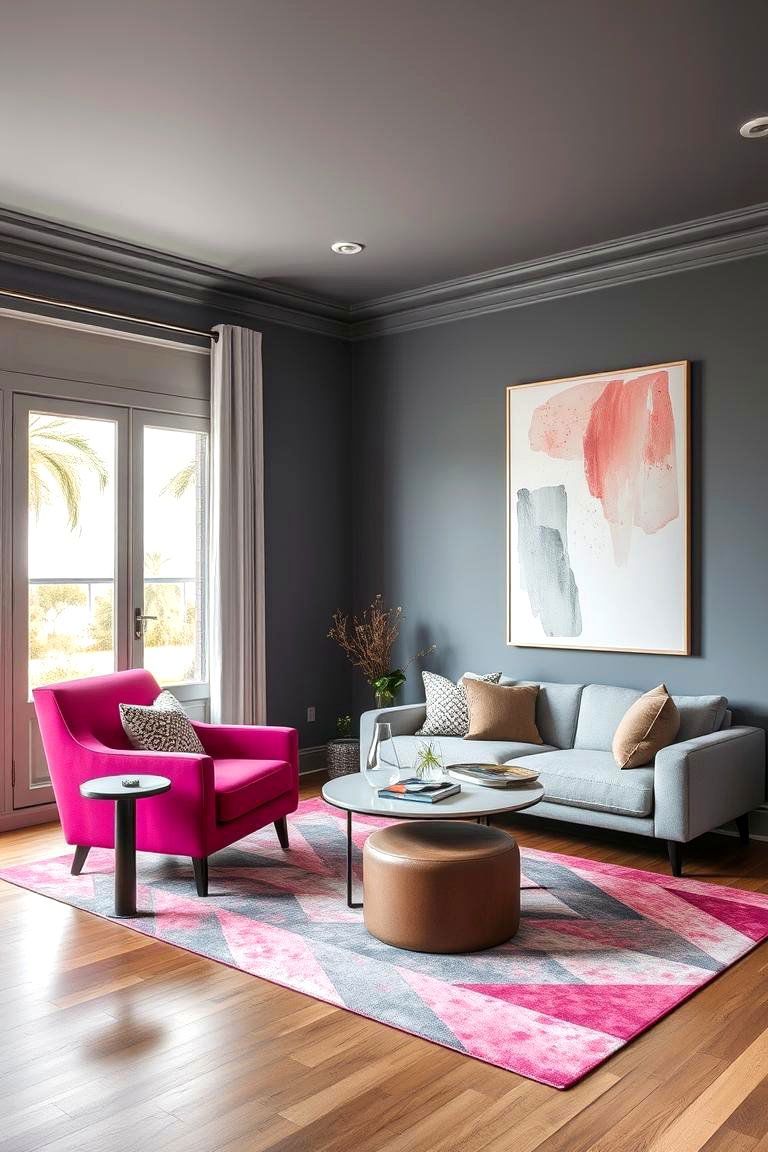 Grey Walls with Pops of Pink - 24 Pink and Grey Living Room Ideas