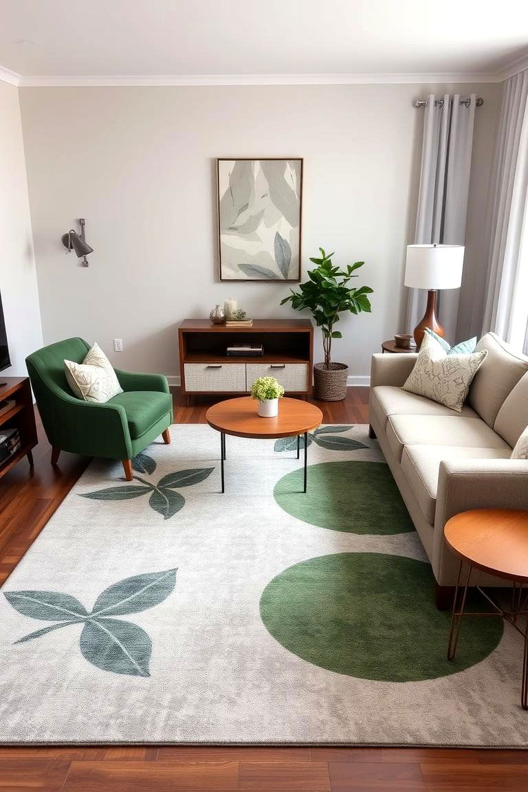 Grey and Green Rug as the Foundation - 24 Green and Grey Living Room Ideas