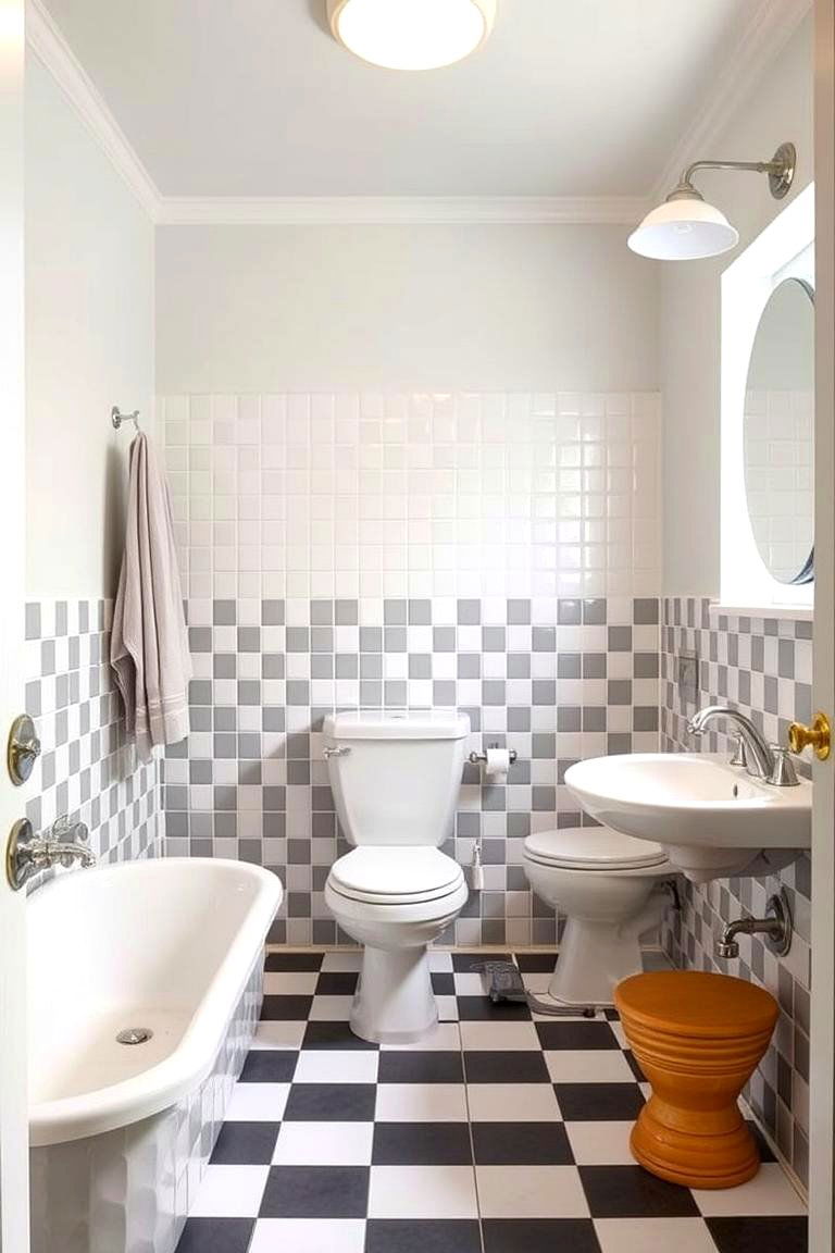 Grey and White Checkerboard Tiles for a Retro Feel - 24 Grey Tile Bathroom Ideas
