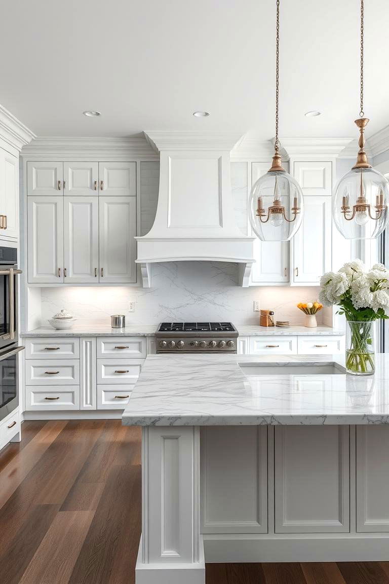 Grey and White Kitchen with Marble Accents - 24 Grey and White House Interior Design Ideas