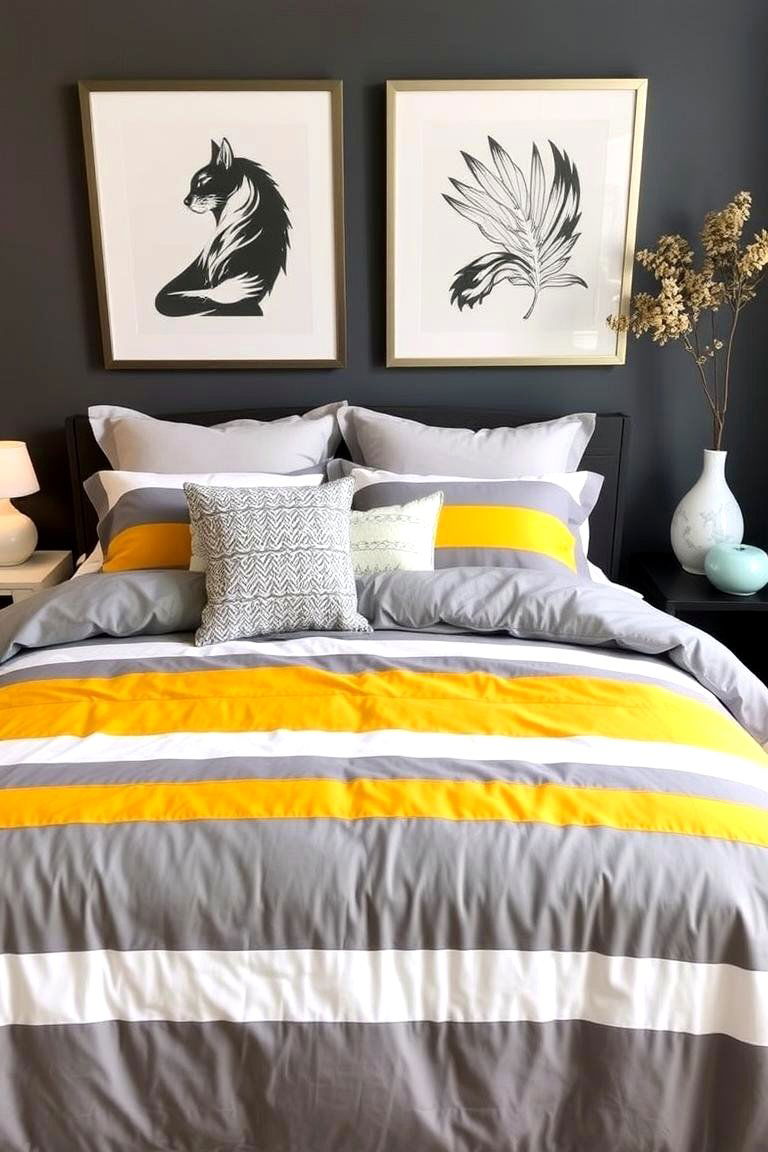 Grey and Yellow Striped Bedding - 24 Yellow and Grey Bedroom Ideas