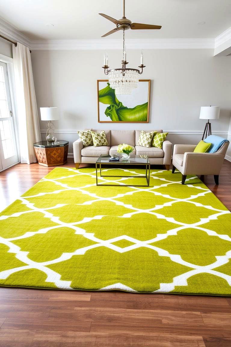 Ground the Space with a Green Statement Rug - 24 Green Living Room Ideas