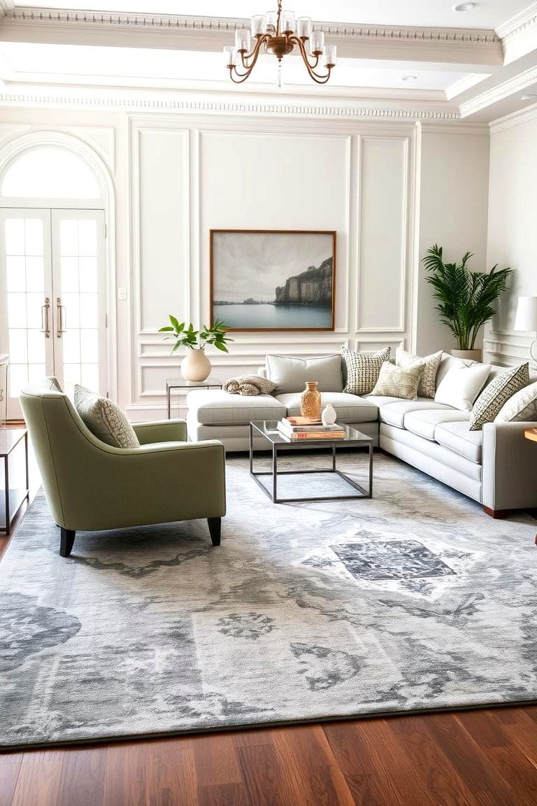 Ground the Space with a Grey Rug - 24 Grey and Sage Green Living Room Ideas