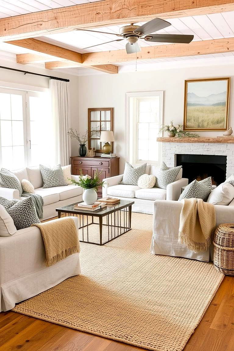 Ground the Space with a Woven Rug - 24 Hamptons Living Room Ideas