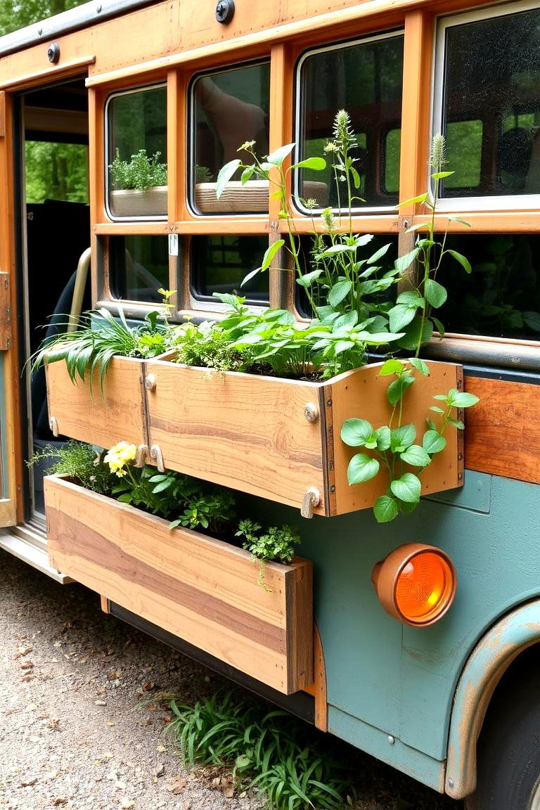 Hand Crafted Wooden Planters from Bus Scrap - 24 School Bus Greenhouse Ideas