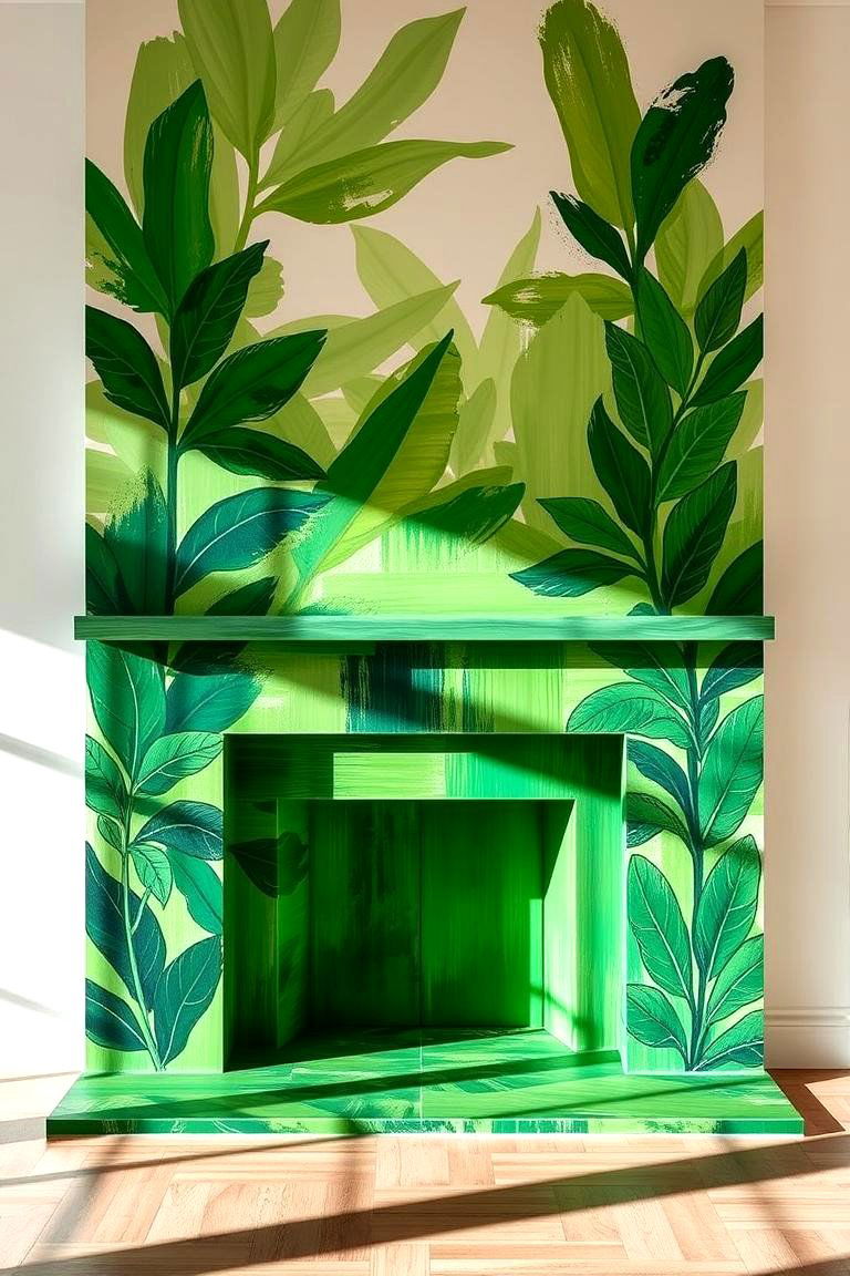Hand Painted Green Mural Fireplace Surround - 24 Green Fireplace Ideas